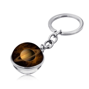 Detail of Saturn galaxy glass ball pendant with silver metal keychain ring