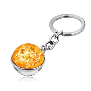 Detail view of double-sided glass galaxy keychain with vibrant solar planet texture
