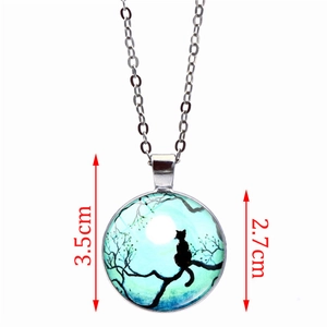 Collier lune bleue avec silhouette de chat noir sur branche et pendentif en alliage