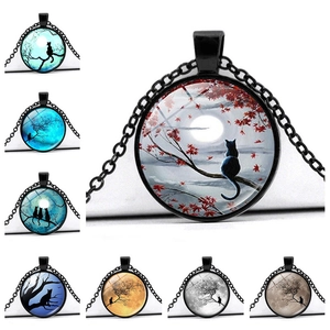 Collier Pendentif Cabochon En Verre Rond Chaîne En Alliage De Zinc Silhouette Chat Noir Lune Branche D'arbre Bijoux