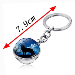 Howling wolf double-sided glass orb keychain pendant with 7.9cm total length