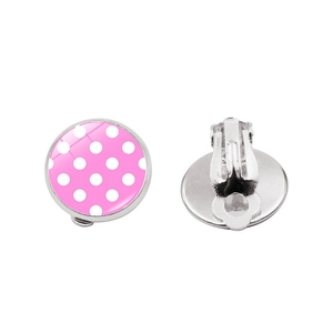 Détails de boucles d'oreilles clips en verre à pois roses avec attaches métalliques