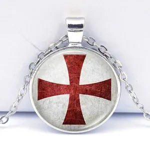 Collier Pendentif Rond Croix Des Templiers Vintage Alliage De Zinc Cabochon En Verre Bijoux Religieux