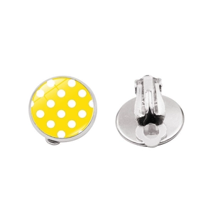 Boucles d'oreilles clips en verre à pois jaunes avec support en métal argenté