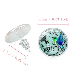 Boucles d oreilles en verre avec motif colibri bleu cadre argenté et mesures de taille