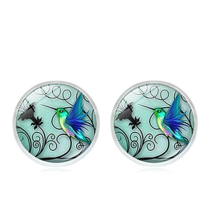 Boucles d'oreilles cabochon en verre avec colibri bleu et motif de vigne artistique
