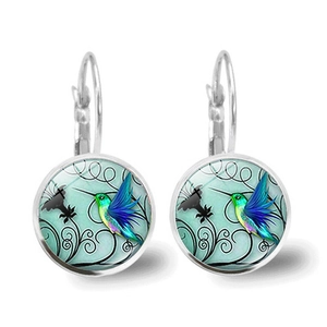 Boucles D'oreilles Dormeuses Pendentif Rond Colibri Vintage Pour Femmes Alliage Verre Cabochon Oiseau Bleu Bijoux Cadeau