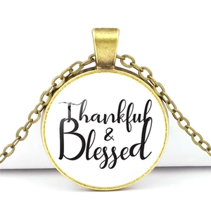 Bronze Thankful & Blessed glass pendant necklace with round vintage style metal frame