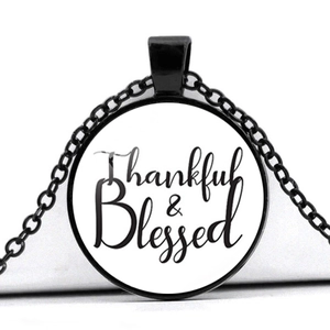 Thankful & Blessed glass pendant necklace with black metal frame and matching chain