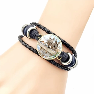 Retro multi-layer leather bracelet with cartoon donkey glass gem and braided cords