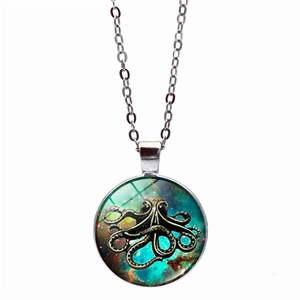 Vintage octopus necklace with nebula galaxy glass pendant on silver metal chain
