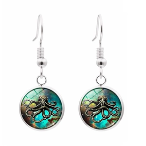 Vintage octopus glass cabochon earrings featuring galaxy nebula art in silver finish