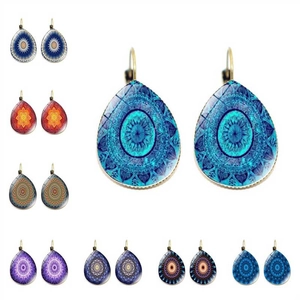 Mandala teardrop earrings set with vintage bohemian glass pendants and French hooks