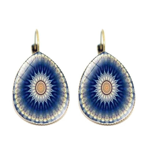 Detail of tear-drop mandala pattern earrings with vintage gold hook and blue mosaic inlay
