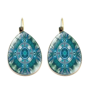 Golden mandala glass teardrop earrings with turquoise geometric floral pattern