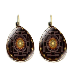 Vintage gold teardrop earrings with mandala patterns under glass for women jewelry