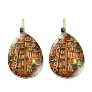 Macro shot of vintage library book shelves pattern inside teardrop dangle earrings