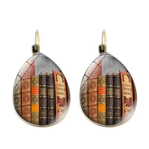 Vintage teardrop earrings featuring North American Indians book spine pattern art