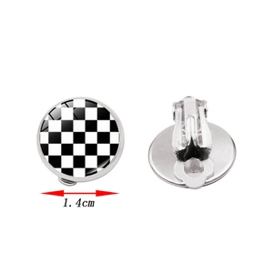 Silver round clip-on earrings with black and white checkerboard pattern in 1.4cm diameter