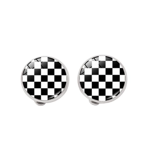 Classic silver round checkerboard earrings with black and white grid and glass dome cabochon