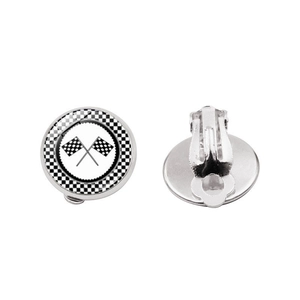 Detail of silver checkerboard earrings showing front pattern and clip-on back mechanism