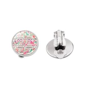 Detail of silver clip-on earrings with colorful checkerboard and floral pattern inlay