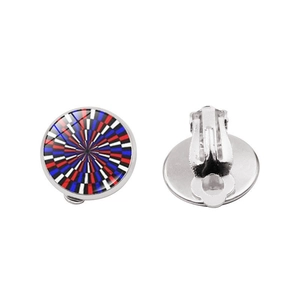 Detail view of silver checkerboard clip-on earrings with colorful geometric patterns