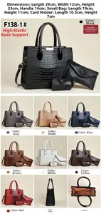 Detailed view of 3-piece lizard pattern handbags set showing texture and size dimensions