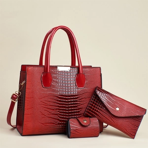 Red 3-piece set lizard pattern tote bag with crossbody purse and small round pouch