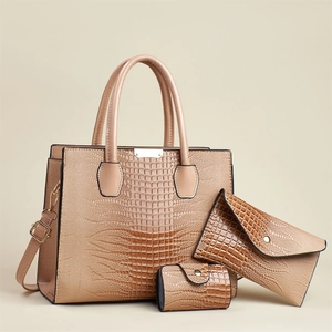 Three-piece light brown lizard-pattern tote set with handbag and matching coin purse