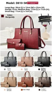 Three-piece leather tote bag set with metal logo detailing and detachable shoulder strap