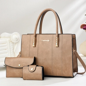 Three-piece women's beige handbag set featuring a large tote, medium pouch and card holder