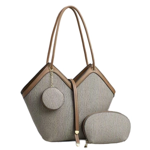 Ensemble sac à main 3 pièces pour femme avec sac plissé gris et anses marron