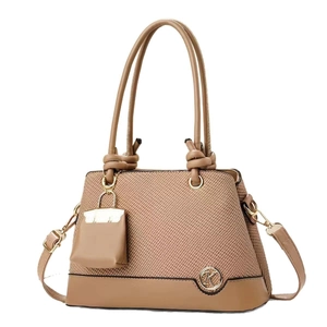Borsa a mano patchwork marrone con motivo intrecciato e logo K dorato da donna