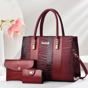 3-piece burgundy tote bag set with crocodile texture and gold hardware accessories