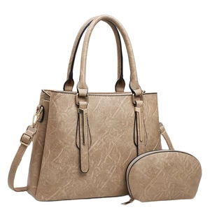 Retro light brown leather handbag set with tote and crossbody strap for women