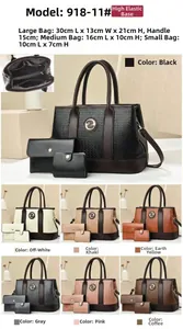 Three-piece handbag set featuring embossed synthetic leather and detailed size dimensions