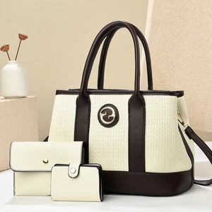Three-piece handbag set featuring cream white and brown embossed拼接 designs for women