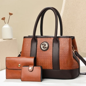 Three-piece brown textured faux leather handbag set with woven pattern and gold logo