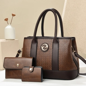Detailed 3-piece set featuring embossed brown tote, clutch bag and wallet with gold logo