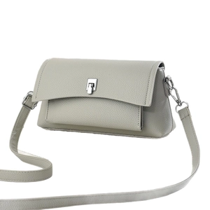 Light gray litchi texture shoulder bag with silver square lock on white background