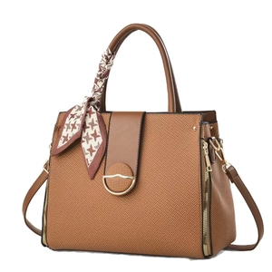 Brown macaron fashion tote bag with houndscotton scarf and golden D-ring hardware
