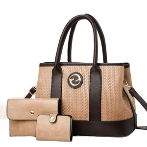 Three-piece beige and brown embossed tote bag set with matching wallet and card holder