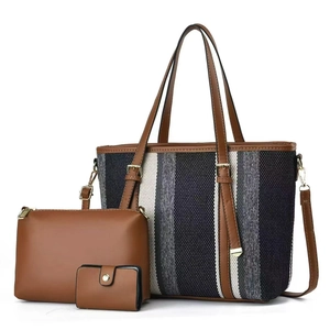 Women Tote Bag Pouch And Wallet Striped Canvas PU Leather Large Capacity Fashion Urban Minimalist Shoulder Bag