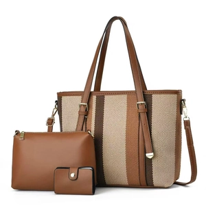 Three-piece women's tote set with contrast stripes and woven texture in beige and brown