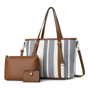 3-piece stylish canvas tote bag set with striped pattern and brown leather trim accents