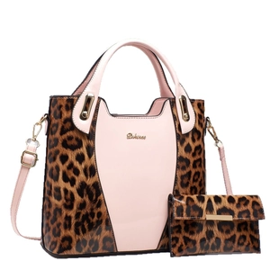 Pink leopard print tote and wallet set in glossy patent leather with top handles