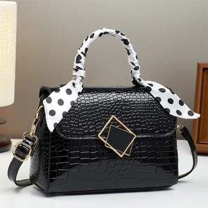 Damen Glänzendes PU Leder Krokodil Muster Umhängetasche Mit Polka Dot Schal Griff Gold Geometrische Schloss Handtasche
