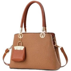 Caramel woven texture handbag with round metal handle and detachable shoulder strap