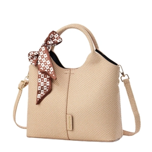 Beige woven handbag with silk scarf detail and adjustable shoulder strap for women